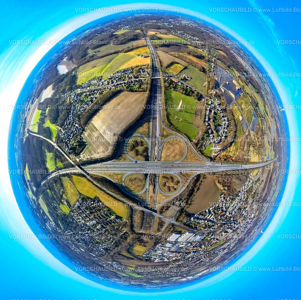 Dortmund240190164BAB-Dreieck Bodelschwingh-2 | Luftbild, Autobahnkreuz Castrop-Rauxel-Ost mit Autobahn A45 und A42 zusammen mit der Anschlussstelle Dreieck Dortmund-Bodelschwingh, Abfahrt Königshalt, Verkehrssituation, Erdkugel, Fisheye Aufnahme, Fischaugen Aufnahme, 360 Grad Aufnahme, tiny world, little planet, fisheye Bild, Oestrich, Dortmund, Ruhrgebiet, Nordrhein-Westfalen, Deutschland