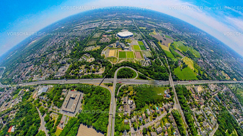 Gelsenkirchen250590021Schalke_A2 | Luftbild, Berger Feld, Schalke Arena Park mit Veltins Arena Fußballstadion, Autobahn A2 und Anschlussstelle Buer, Erdkugel, Fisheye Aufnahme, Fischaugen Aufnahme, 360 Grad Aufnahme, tiny world, little planet, fisheye Bild, , , Ruhrgebiet