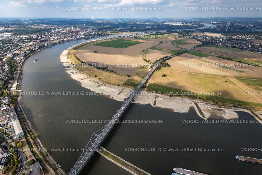 Duisburg220804573Rheinniedrigwasser | Luftbild, Niedrigwasser des Rheins auf der Stadtgrenze zwischen Duisburg und an der Uerdinger Brücke,  Krefeld, Ruhrgebiet, Nordrhein-Westfalen, Deutschland