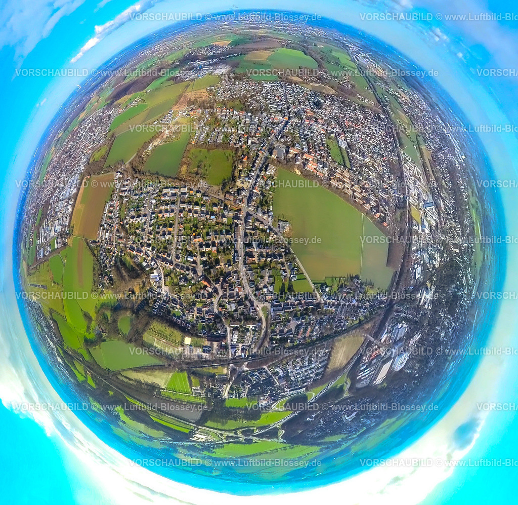 Unna230220009MassenSued | Luftbild, Ortsansicht Massen-Süd, Wiesenflächen Am Schleppweg, Erdkugel, Fisheye Aufnahme, Fischaugen Aufnahme, 360 Grad Aufnahme, Massen, Unna, Ruhrgebiet, Nordrhein-Westfalen, Deutschland