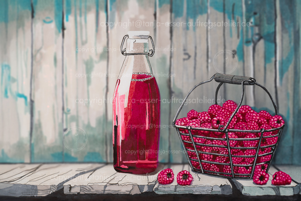 Filzstift Illustration stimmungsvolle Flasche Himbeersaft  | Handgemalte Filzstift Illustration zeigt Himbeeren in einem Vintage Körbchen. Daneben steht eine Flasche Himbeersaft. Vor verwittertem Holzregal. Copy Space.