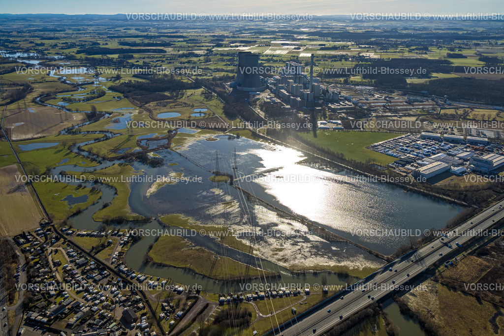 Hamm240105139 | Luftbild der überschwemmten Lippewiesen in Schmehausen, Schmehauser Mersch, mit Campingplatz, Lippe Fluß, Hochwasser, Uentrop, Hamm, Ruhrgebiet, Nordrhein-Westfalen, Deutschland
