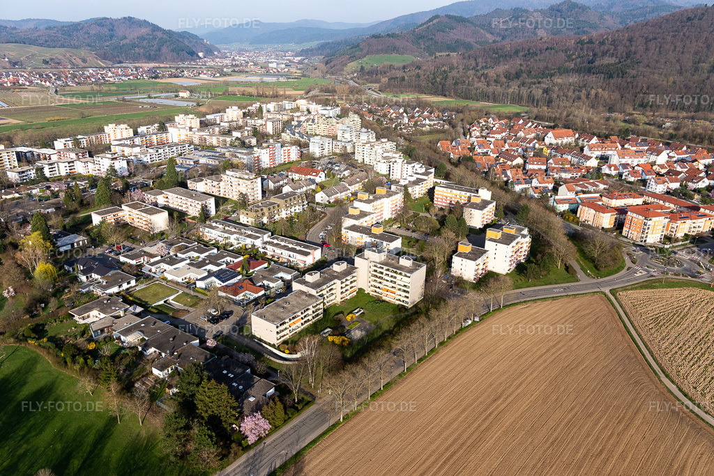 Luftbild: Siedlungsgebiet und Infrastruktur in Denzlingen im Bundesland Baden-Württemberg in Deutschland. Foto: IMG_113092.jpg vom 22.03.2019 durch Werner Riehm/FLY-FOTO.de