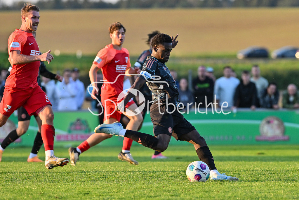 SpVgg Hankofen-Hailing - FC Bayern Amateure | im Bild Noel ASEKO NKILI (FC Bayern München II #8) bei einem Schuss auf das Tor der Hausherren / Regionalliga Bayern: SpVgg Hankofen-Hailing - FC Bayern München II, Maierhofer-Bau Stadion am 20.09.2024