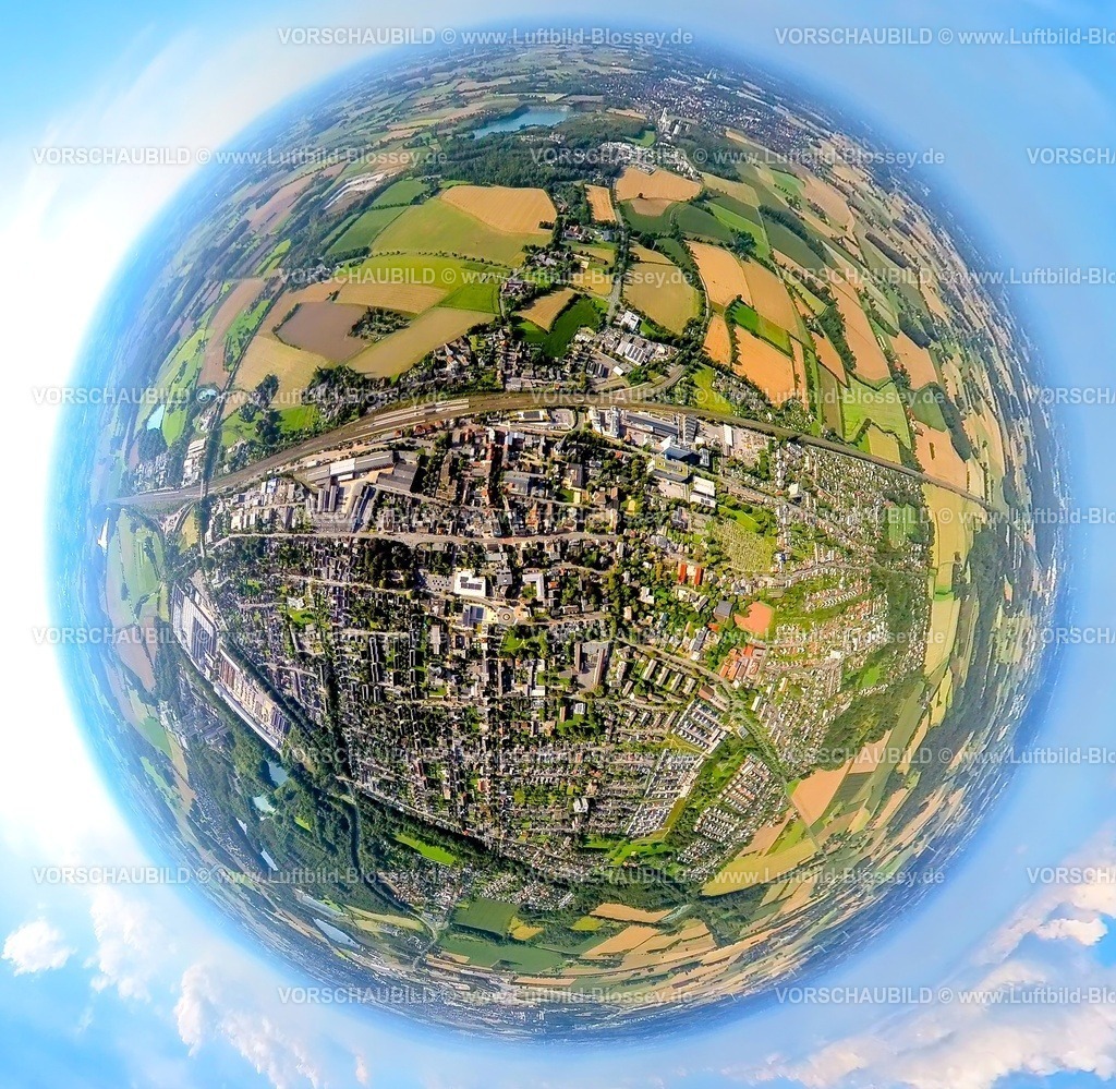 Beckum230891032 Neubeckum-2-topaz | Luftbild, Ortsansicht Neubeckum und Bahnhof, Rathaus, Erdkugel, Fisheye Aufnahme, Fischaugen Aufnahme, 360 Grad Aufnahme, tiny world, Neubeckum, Beckum,  Münsterland, Nordrhein-Westfalen, Deutschland