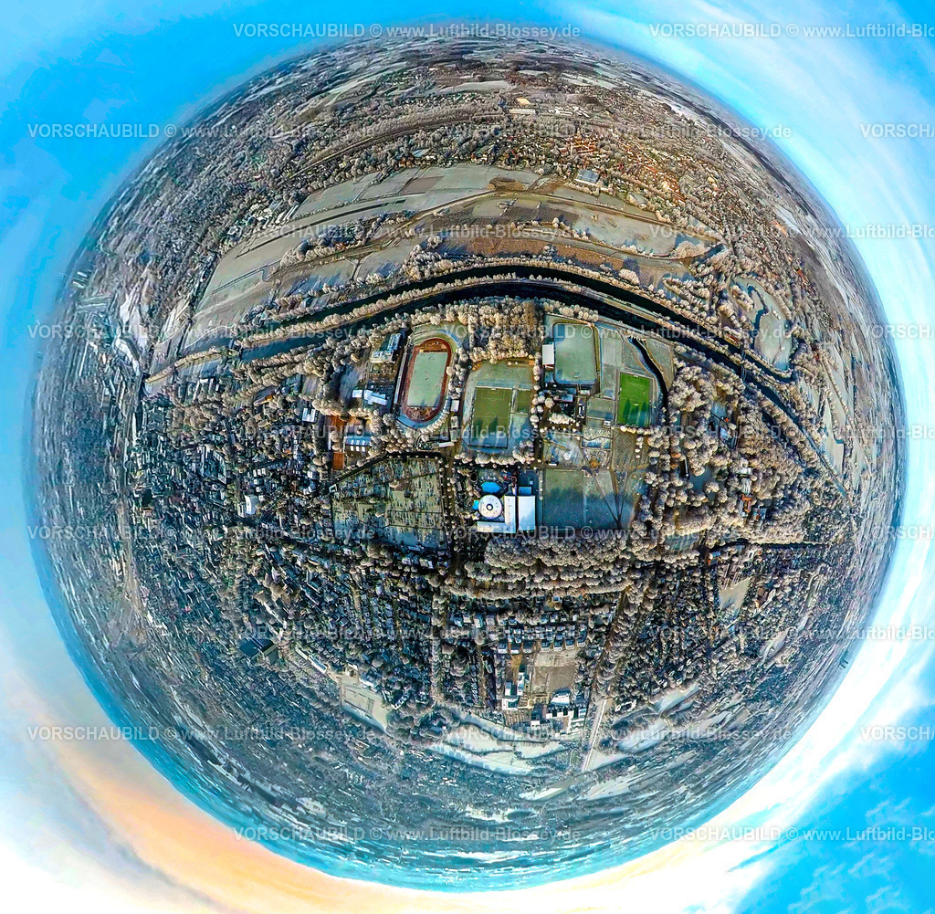 Hamm221290014Aquamare | Luftbild von Hamm im Schnee, Maximare Erlebnistherme, Sportzentrum Ost, fisheye, Fisheye Aufnahme, Fischaugen Aufnahme, 360 Grad Aufnahme, Uentrop, Hamm, Ruhrgebiet, Nordrhein-Westfalen, Deutschland