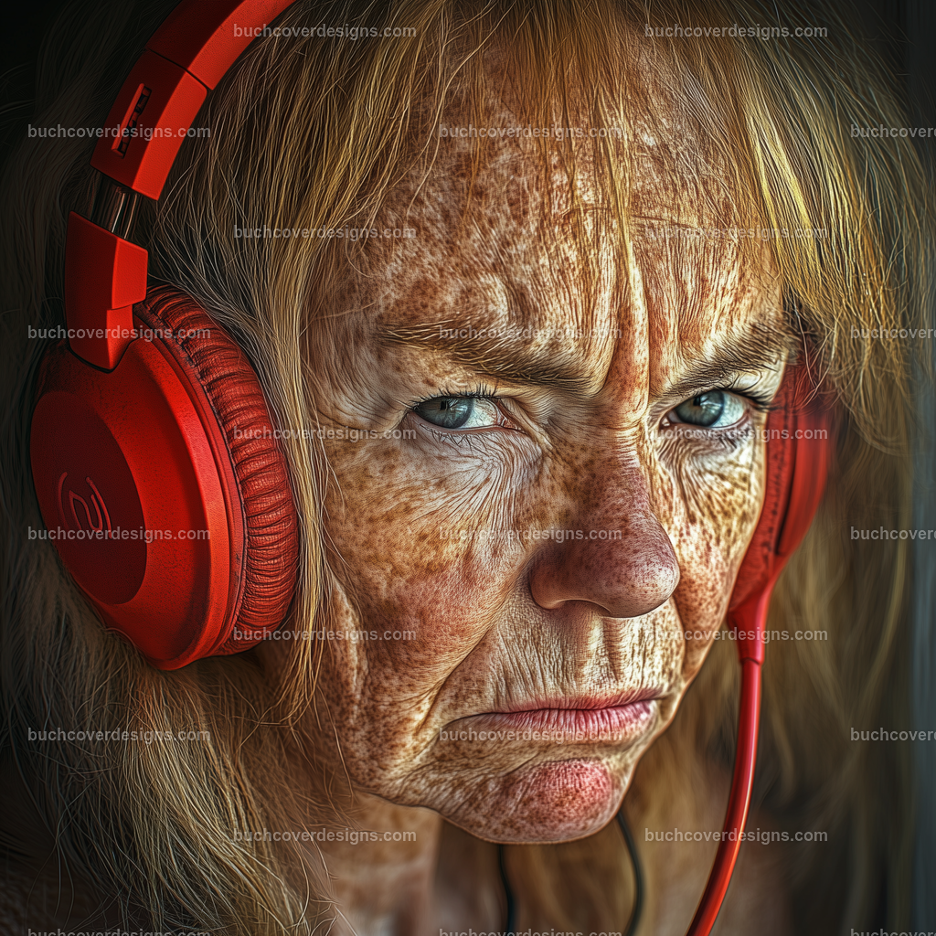 Gesicht einer Frau mit Kopfhörer (107) | old angry woman face with skin freckles ,yellow hair spread over the surface of the image, with a red headphone - studio light - vivid colors - high detail - realistic - photo - front view --chaos 55 --stylize 300 --weird 1700 --v 6.1 Job ID: a778f394-fe4a-43b4-8a49-3358124b3c85