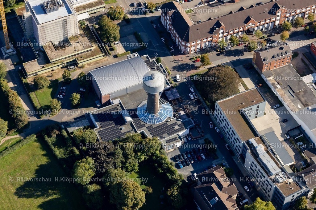 Lufbilder Alsdorf-5940 | Bauwerk des Industriedenkmales Wasserturm " Wasserturm, Hubertusstraße " an der Hubertusstraße, Otto-Wels-Straße in Alsdorf - Realisiert mit Pictrs.com