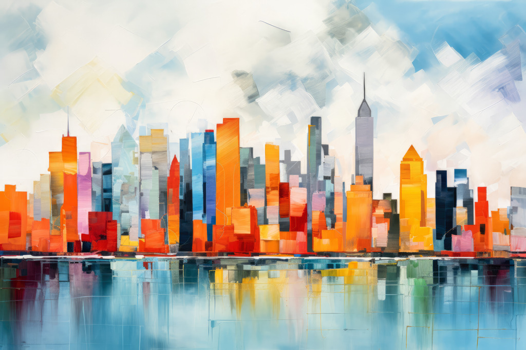 2307137 - Bunte Manhattan Skyline | Bestellen Sie dieses digitale abstrakte Gemälde als Kunstdruck auf Leinwand, Acrylglas, Alu-Dibond, Akustikbild oder als Poster.