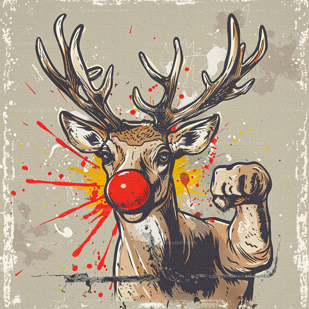Red Nose Reindeer Flexing Muscle | A fun, bold illustration of a red-nosed reindeer flexing its muscle, adding a playful touch to holiday decor. Ideal for a festive and humorous atmosphere. - Realisiert mit Pictrs.com