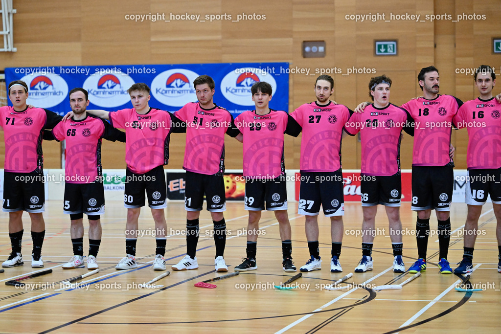VSV Unihockey vs. Wiener Floorballferein 6.4.2024 | Wiener Floorballverein Mannschaft, #71 Christoph Platzer Wiener Floorballverein, #65 Ondrej Bilek Wiener Floorballverein, #60 Jakub Kyr Wiener Floorballverein, #51 Alex Egenhofer Wiener Floorballverein, #29 Jonas-Justus Dopona Wiener Floorballverein, #27 Tobias Schrottenbacher Wiener Floorballverein, #26 Alexander Hanschur Wiener Floorballverein, #18 Christian Dworzak Wiener Floorballverein, #16 Christian Göth Wiener Floorballverein, VSV Unihockey vs. Wiener Floorballferein 6.4.2024, VSV Unihockey vs. Wiener Floorballferein  am 06.04.2024 in Villach (Ballspielhalle St. Martin), Austria, (Photo by Bernd Stefan)
