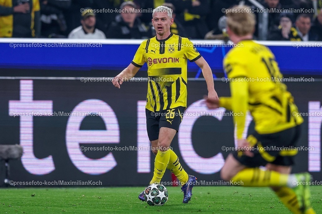 UCL04032502168 | 04.03.2025, Fußball, UEFA Champions League, Borussia Dortmund - OSC Lille, Signal Iduna Park, Runde der 16, Saison 2024 2025: Julian Ryerson (BVB #26)