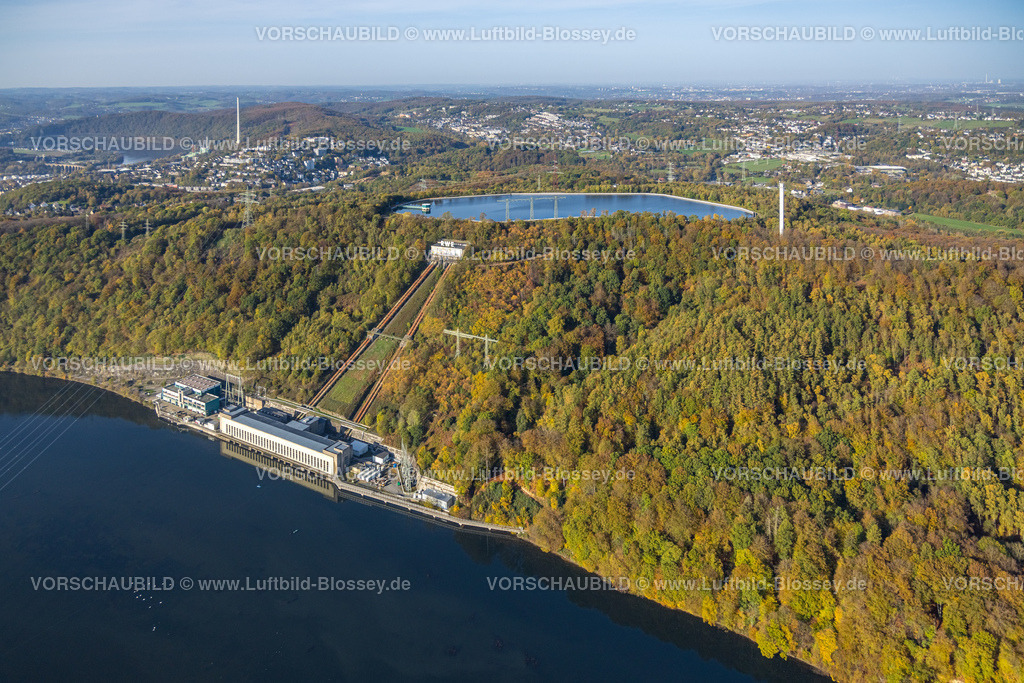 Herdecke221015161 | Luftbild, Koepchenwerk RWE Pumpspeicherkraftwerk und Speicherbecken, Hengsteysee, Ardeygebirge Herbstfarben, Herdecke, Ruhrgebiet, Nordrhein-Westfalen, Deutschland