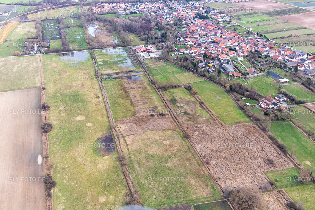 Überfluteter Flutgraben/Erlenbach an der Waschmühle | Luftbild: Überfluteter Flutgraben/Erlenbach an der Waschmühle im Ortsteil Mühlhofen in Billigheim-Ingenheim im Bundesland Rheinland-Pfalz in Deutschland. Foto: IMG_124175.jpg vom 04.02.2021 durch ©2025 Werner Riehm fly-foto.de/copyright - Realisiert mit Pictrs.com