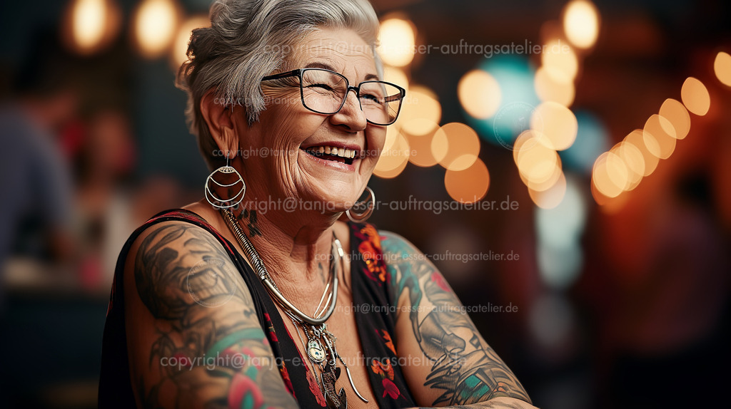 80 jaehrige in einem Club D | Fotorealistisches KI Bild zeigt: Eine wunderschöne 80 jährige tätowierte kaukasische Frau sitzt in einem Club. Sie ist rockig bekleidet, trägt viel Schmuck. Sie lacht und hat sehr viel Spaß. Im Hintergrund sind unscharf die Clubatmosphäre und die Silhouetten anderer Gäste zu sehen. Copy Space.