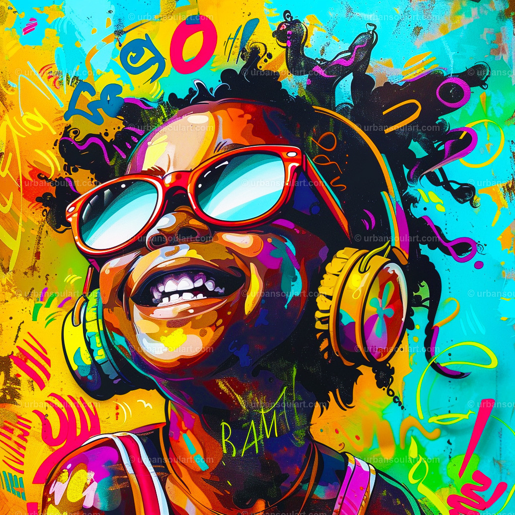Happy Girl Jamming With Headphones And Sunglasses | A joyful, vibrant depiction of a young girl wearing sunglasses and headphones, radiating positivity and energy. Perfect for adding a lively, cheerful vibe to any room. - Realisiert mit Pictrs.com