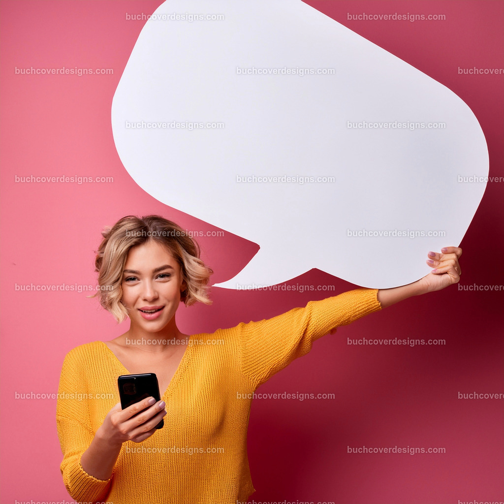 frau mit Mobile Telefon und Sprechblase (18) | Entdecken Sie kreative Buch Cover Designs für Self-Publishing-Autoren und Verlage! Unsere maßgeschneiderten Designs ziehen Leser an und bringen Ihre Geschichten visuell zum Leben. Lassen Sie uns Ihr perfektes Cover gestalten!