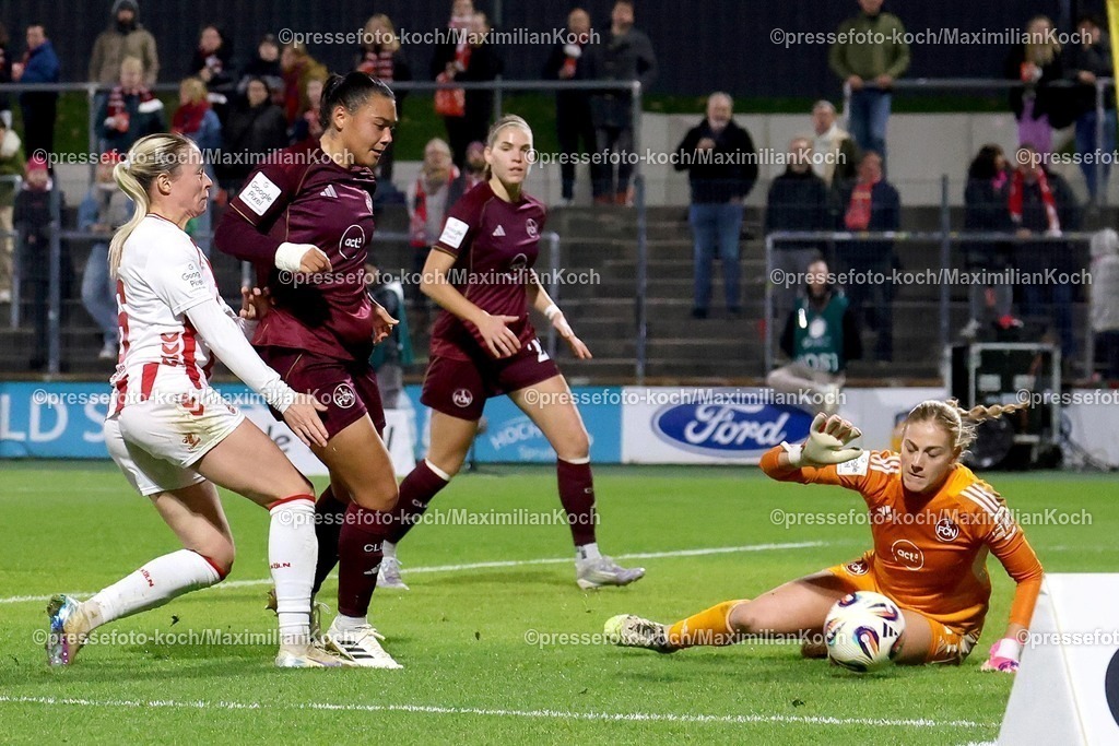 xSSCx31102502005 | 31.10.2025, xsscx, Frauen Fuﬂball, 1. FC Koeln - 1. FC Nuernberg, 1. Fuﬂball Bundesliga, 3. Spieltag, Franz-Kremer-Stadion, Saison 2025 2026: Sandra Jessen (1. FC Koeln #06) beim Torschuss DFB regulations prohibit any use of photographs as image sequences and or quasi-video. Nordrhein-Westfalen Deutschland