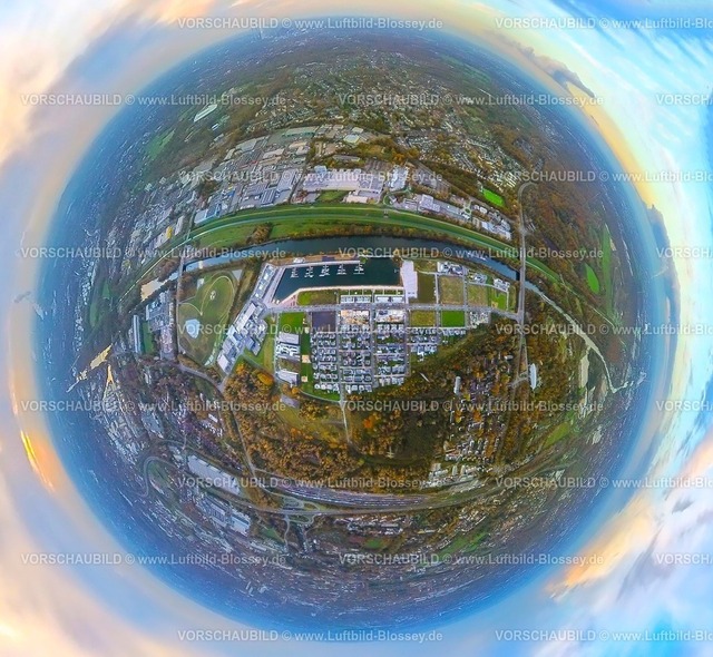 Gelsenkirchen231190102GrafBismarck-topaz | Luftbild, Stölting Marina Yachthafen, Hafen und Stadtquartier Neubau-Wohngebiet Graf Bismarck am Rhein-Herne-Kanal, umgeben von herbstlichen Laubbäumen, Erdkugel, Fisheye Aufnahme, Fischaugen Aufnahme, 360 Grad Aufnahme, tiny world, little planet, fisheye Bild, Bismarck, Gelsenkirchen, Ruhrgebiet, Nordrhein-Westfalen, Deutschland