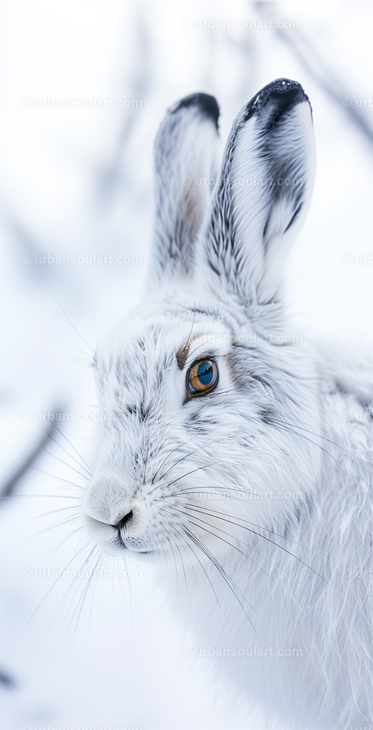 Winter Rabbit Closeup | This serene close-up of a winter rabbit in a snow-covered landscape captures the quiet beauty of wildlife in the cold. With its soft fur and gentle expression, this artwork adds a touch of nature's calm and elegance to any space. - Realisiert mit Pictrs.com
