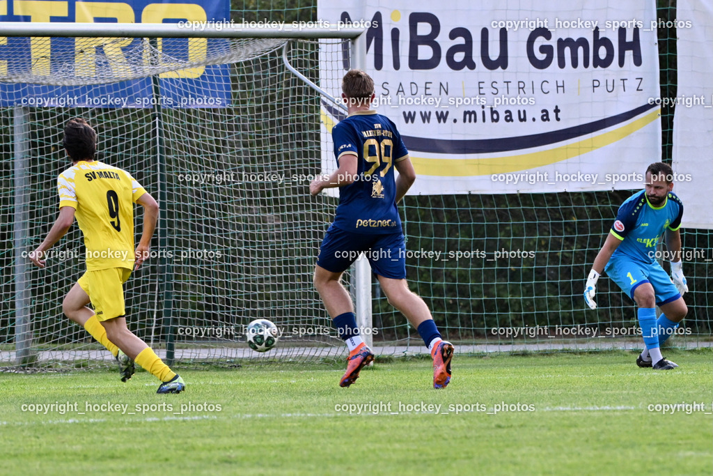 SV Malta vs. ATUS Velden | Tor SV Malta, #9 Luca Christian Pertl SV Malta, #99Luca Pollanz ATUS Velden, #1 Michael Fasching ATUS Velden, SV Malta vs. ATUS Velden, SV Malta vs. ATUS Velden am 19.08.2025 in Malta (Sportplatz Malta), Austria, (Photo by Bernd Stefan)