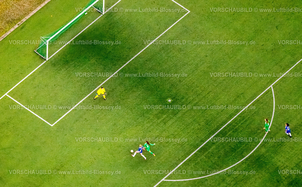 Gelsenkirchen231103155 | Luftbild, Frauenfussball Fussballspielerinnen auf dem Feld der Kampfbahn Glückauf mit Tribüne, Fussballstadion des DJK Teutonia Schalke-Nord 1921 e.V., ehemalige Heimspielstätte des FC Schalke 04,  umgeben von herbstlichen Laubbäumen, Schalke-Nord, Gelsenkirchen, Ruhrgebiet, Nordrhein-Westfalen, Deutschland