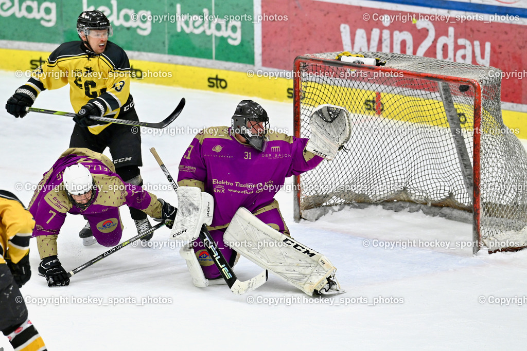 EC Kellerberg vs. EC Arnoldstein | #31 Frank Patrick EC Kellerberg, #33 Spitaler Martin EC Arnoldstein, #7 Neubauer Alexander EC Kellerberg, Tor EC Arnoldstein, EC Kellerberg vs. EC Arnoldstein, EC Kellerberg vs. EC Arnoldstein am 03.02.2025 in Villach (Stadthalle Villach), Austria, (Photo by Bernd Stefan)