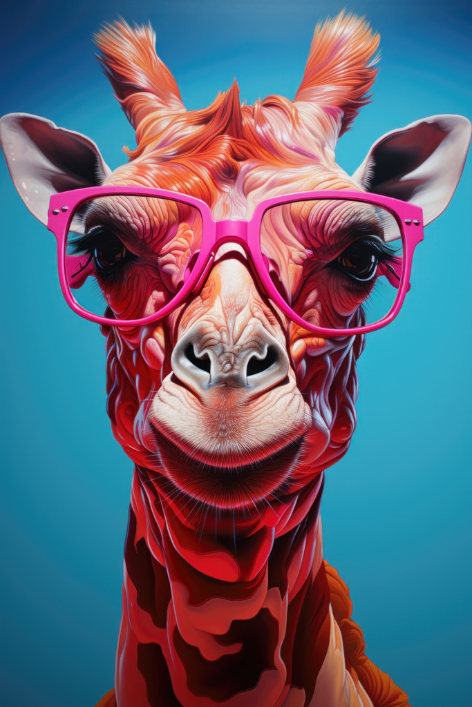2308076 - Giraffe mit rosa Brille | Ein fröhliches bunte Tierporträt einer Giraffe mit rosa Brille. Dieses digitale Gemälde im Popart Stil beeindruckt mit lebendigen Farben, die dem Charakter des Tiers eine aufregende neue Dimension verleiht.