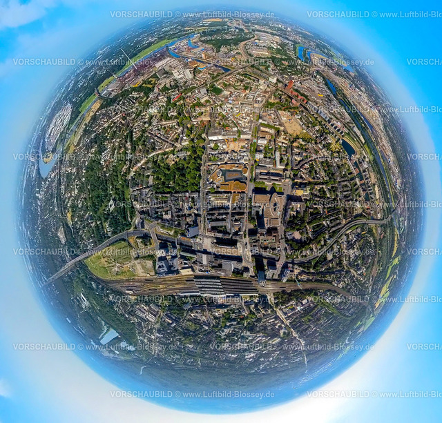 Duisburg230790173_Koenigsallee | Luftbild, City mit Königsallee, Duisburg Hauptbahnhof, Erdkugel, Fisheye Aufnahme, Fischaugen Aufnahme, 360 Grad Aufnahme, tiny world, Dellviertel, Duisburg, Ruhrgebiet, Nordrhein-Westfalen, Deutschland