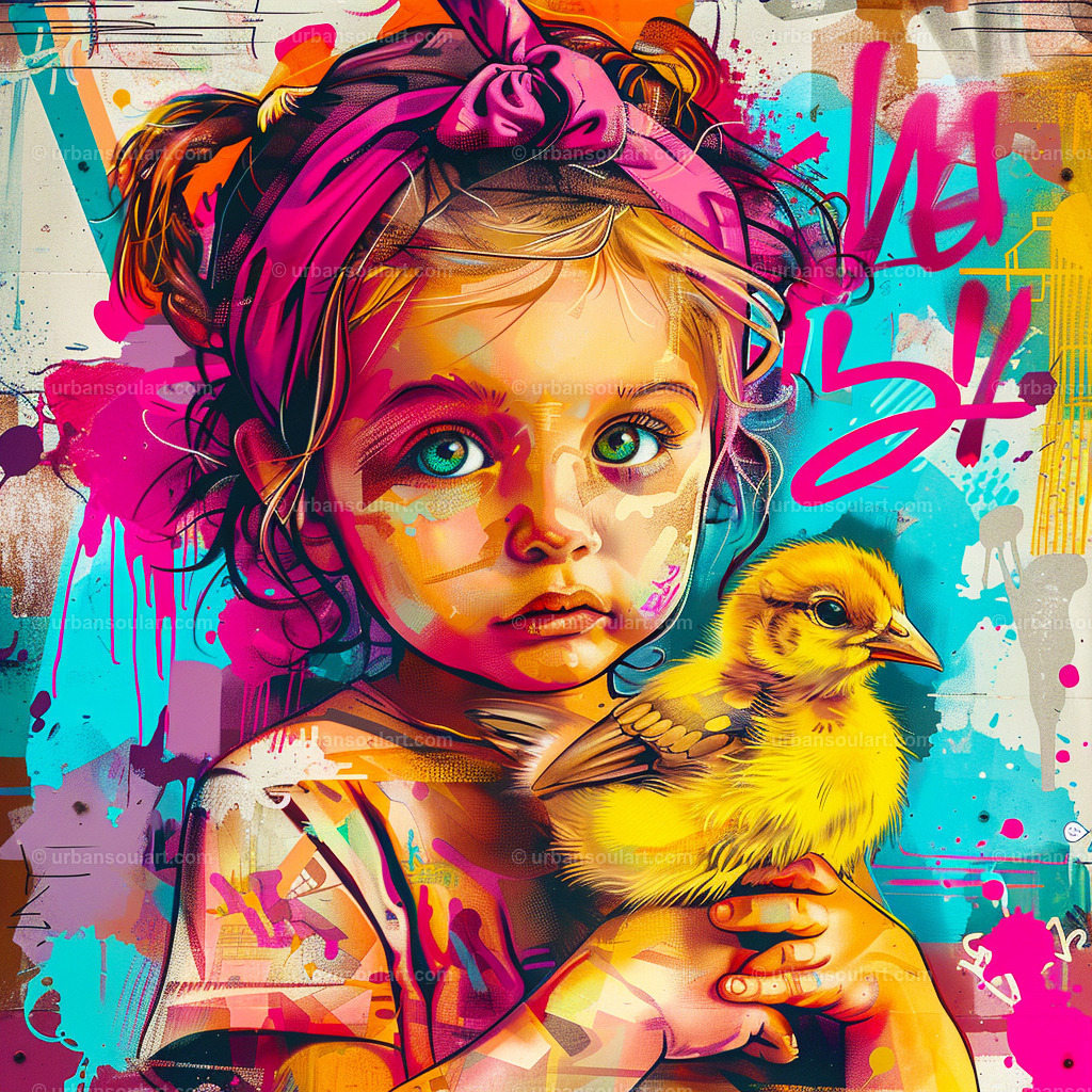Little Girl Holding Cute Chicklet | A colorful and endearing portrait of a young girl holding a small chick, radiating innocence and curiosity. Perfect for children's rooms or spaces seeking a playful, warm touch. - Realisiert mit Pictrs.com