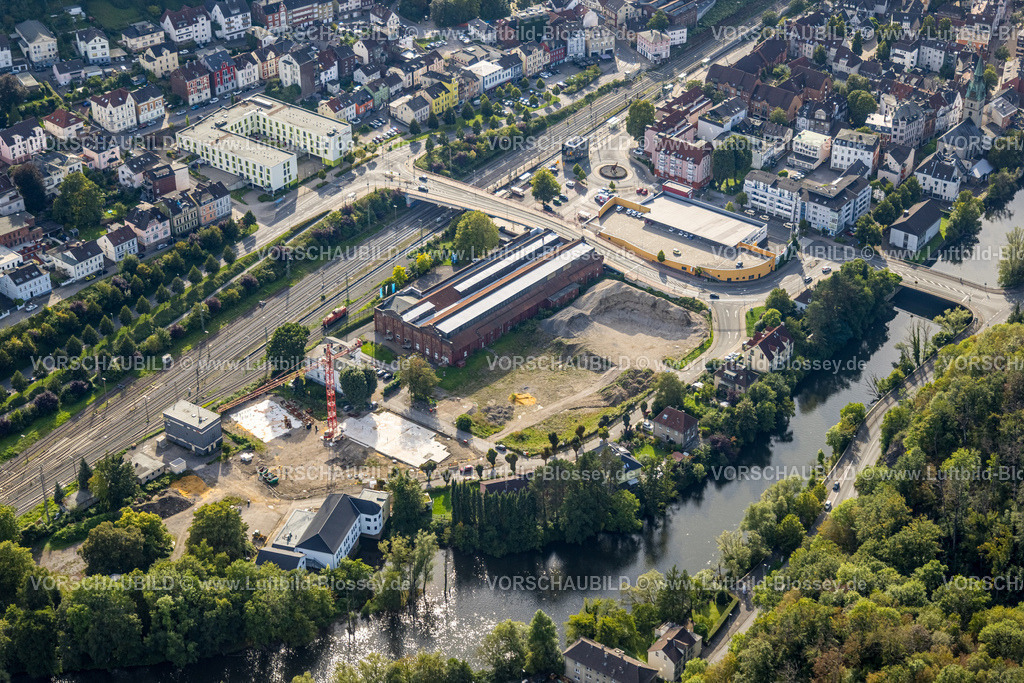 Hagen230902721 | Luftbild, thyssenkrupp Hohenlimburg Gästehaus, Baustelle an der Bahnstraße, Fluss Lenne, Hohenlimburg, Hagen, Ruhrgebiet, Nordrhein-Westfalen, Deutschland