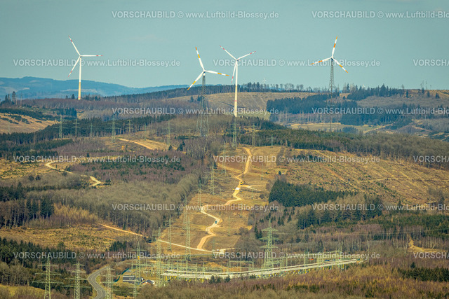 Olpe250307228UmspannwerkAltenkleusheim | Luftbild, Umspannwerk Altenkleusheim, Windräder und Fernsicht, Waldgebiet und Waldschäden, Altenkleusheim, Olpe, Sauerland, Nordrhein-Westfalen, Deutschland