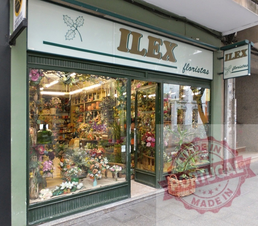 Ilex Floristas flower shop decorating urban sidewalk | Ilex Floristas flower shop showcasing bouquets and plants in a vibrant display window - Realisiert mit Pictrs.com