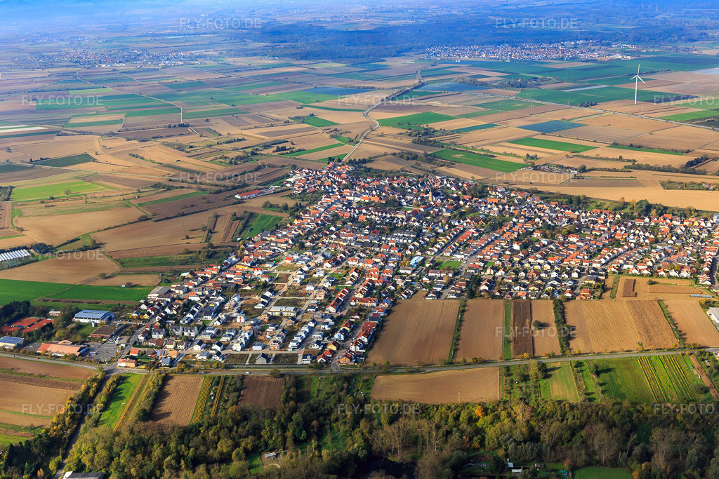 Luftbild: Ortsansicht von Nordosten im Ortsteil Heiligenstein in Römerberg im Bundesland Rheinland-Pfalz in Deutschland. Foto: IMG_104262.jpg vom 31.10.2017 durch Werner Riehm/FLY-FOTO.de