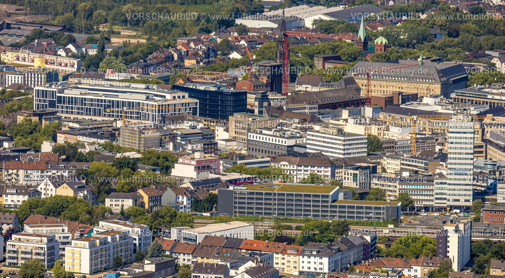 Bochum240816422 | Luftbild, City Ansicht mit Husemann Karree (Viktoria Karree) Geschäftsquartier, Rathaus und Rathaus Süd mit Baukran, Europahaus Lueg Hochhaus, Gleisdreieck, Bochum, Ruhrgebiet, Nordrhein-Westfalen, Deutschland