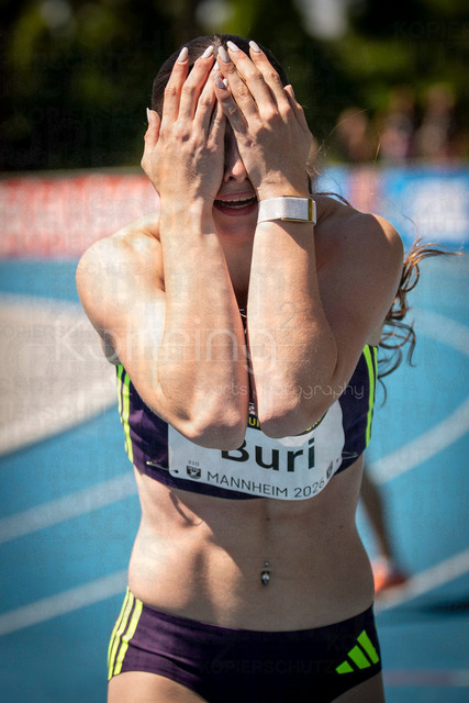 Juniorengala 2026; Mannheim, 13.06.2026 | MANNHEIM, GERMANY - JUNE 13, 2026 : Xenia Buri (SUI/Switzerland) reacts after crossing the finish line of the women’s U20 100m  competing during the Juniorengala 2026 at Michael-Hoffmann-Stadion on June 13, 2026 in Mannheim, Germany.