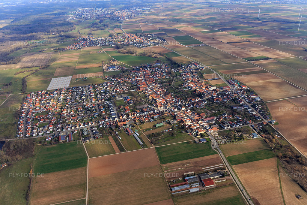 Luftbild: Ortsansicht von Westen in Ottersheim bei Landau im Bundesland Rheinland-Pfalz in Deutschland. Foto: IMG_125820.jpg vom 07.03.2021 durch Werner Riehm/FLY-FOTO.de