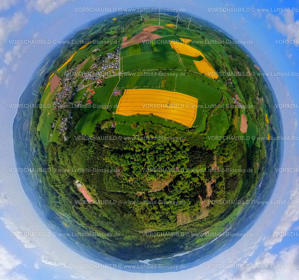 Sundern230520035HoevelRaps | Luftbild, Rapsfelder, Wiesen und Windräder, Waldgebiet mit Waldschäden am Enkhauser Bach, Erdkugel, Fisheye Aufnahme, Fischaugen Aufnahme, 360 Grad Aufnahme, Hövel, Sundern, Ruhrgebiet, Nordrhein-Westfalen, Deutschland