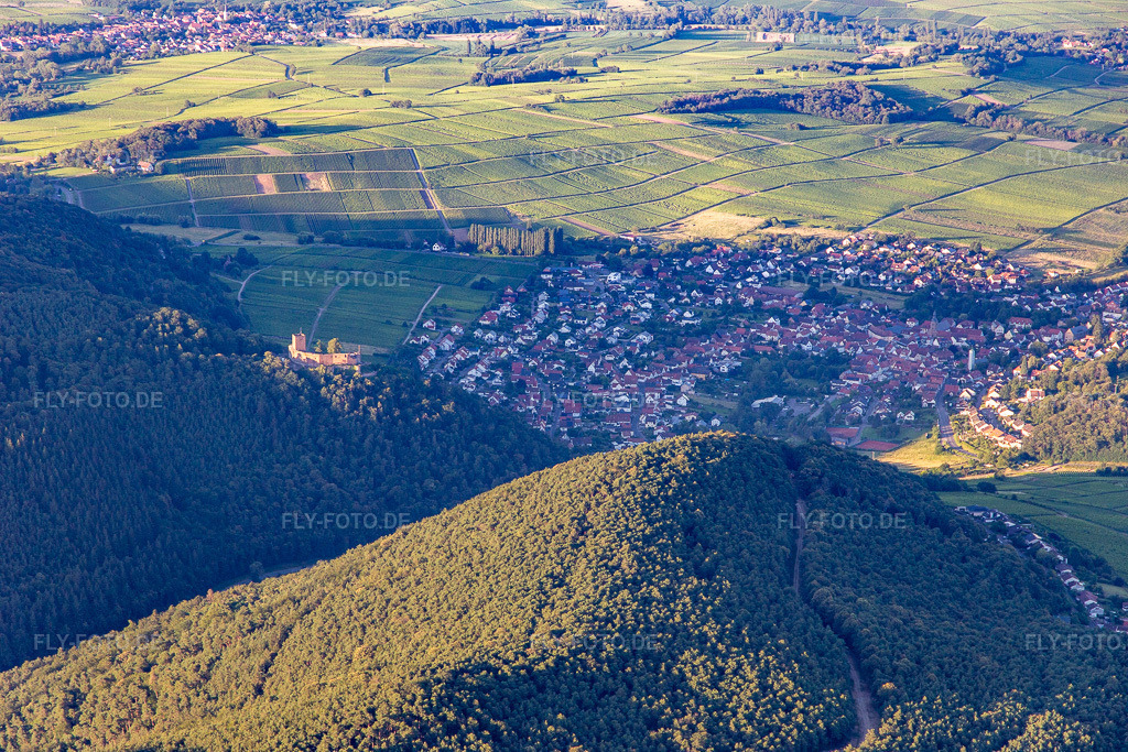 Luftbild: Burg Landeck im letzten Abendlicht in Klingenmünster im Bundesland Rheinland-Pfalz in Deutschland. – Foto: IMG_142374.jpg vom 08.07.2024 durch Werner Riehm/FLY-FOTO.de – Auflösung des Originals: 5472 x 3648 px – Klingenmuenster | Burglandeck Klingenmünster