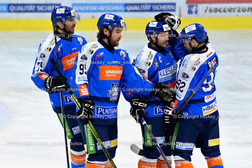 ESC Steindorf vs. ESV Ferlach  | #79 Petrik Benjamin ESC Steindorf, Jubel ESC Steindorf, #95 Gelfanov Ruslan ESC Steindorf, #57 Wilfan Franz ESC Steindorf, #92 Ratz Patrick ESC Steindorf, ESC Steindorf vs. ESV Ferlach , ESC Steindorf vs. ESV Ferlach  am 15.02.2026 in Steindorf (Ossiachersee Halle), Austria, (Photo by Bernd Stefan)