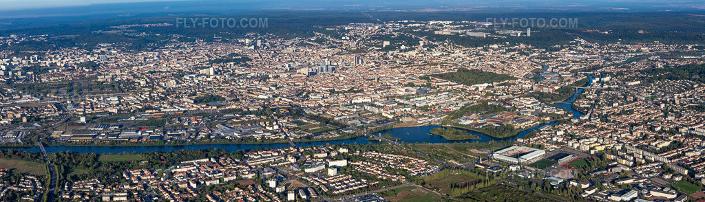Aerial view: Panoramic view of the city area including outer districts and city center in the district Gambetta Carmes Faiencerie in Nancy in the state Meurthe et Moselle, France. – Photo: IMG_117860-Pano.jpg taken on 09/14/2019 by Werner Riehm/FLY-FOTO.com – Resolution of the original: 11806 x 3392 px