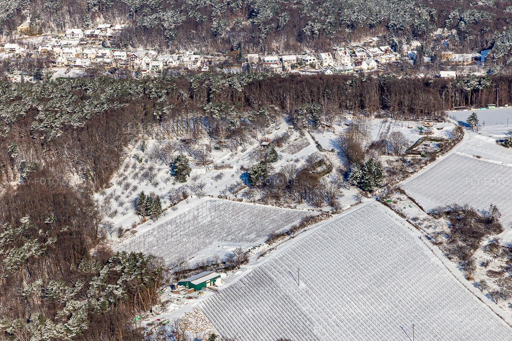 Luftbild: Winterluftbild im Schnee von Gartengrundstücken am Wald in Dörrenbach im Bundesland Rheinland-Pfalz in Deutschland. Foto: IMG_124383.jpg vom 11.02.2021 durch Werner Riehm/FLY-FOTO.de