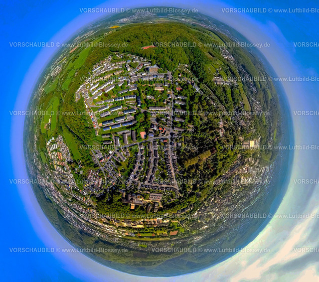 Hagen240590218Haspe-Spielbrink | Luftbild, Wohngebiet Ortsansicht Ortsteil Spielbrink, Reihenhaus Wohnsiedlung, Waldgebiet mit Fußballstadion des SG Blau-Weiss Haspe 1968 e.V., Erdkugel, Fisheye Aufnahme, Fischaugen Aufnahme, 360 Grad Aufnahme, tiny world, little planet, fisheye Bild, Haspe-West, Hagen, Ruhrgebiet, Nordrhein-Westfalen, Deutschland