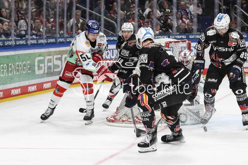 Eisbären Berlin - Augsburger Panther | Alexander OBLINGER (AEV #50) versucht in dieser Szene den Puck nochmal vor das Tor von Jake HILDEBRAND (EBB #30) zu bringen