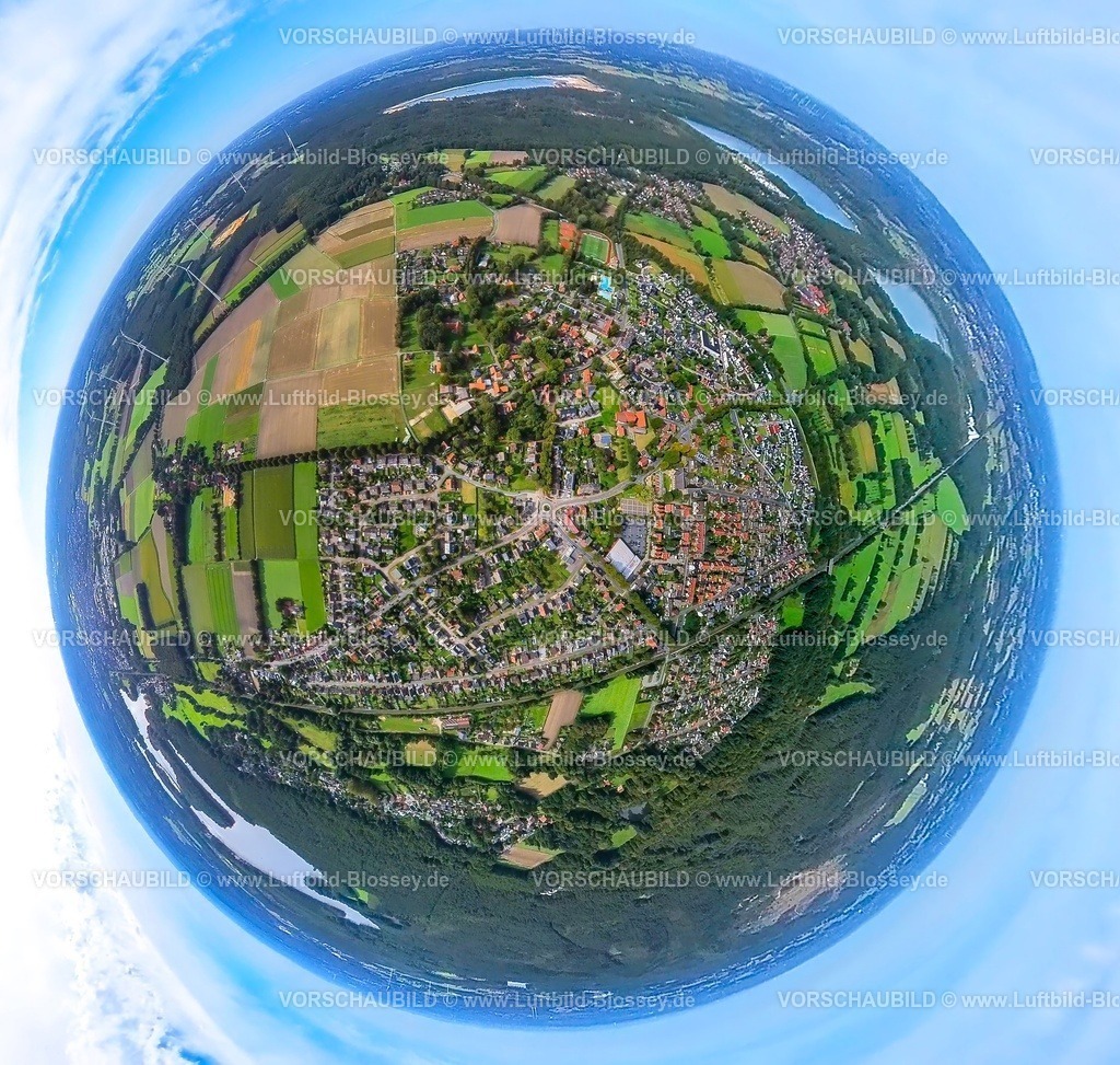 Haltern230990242Sythen | Luftbild, Ortsansicht Ortsteil Sythen, Erdkugel, Fisheye Aufnahme, Fischaugen Aufnahme, 360 Grad Aufnahme, tiny world, Sythen, Haltern am See, Ruhrgebiet, Münsterland, Nordrhein-Westfalen, Deutschland