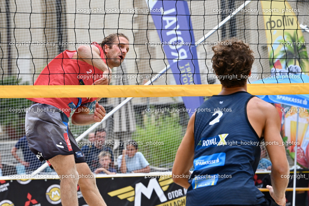 Kärntner Landesmeisterschaft Beach Volleyball | #2 HUBER Alexander Philipp, #2 SPONER Philipp, Kärntner Landesmeisterschaft Beach Volleyball, Kärntner Landesmeisterschaft Beach Volleyball am 18.08.2024 in Villach (Rathausplatz Villach), Austria, (Photo by Bernd Stefan)