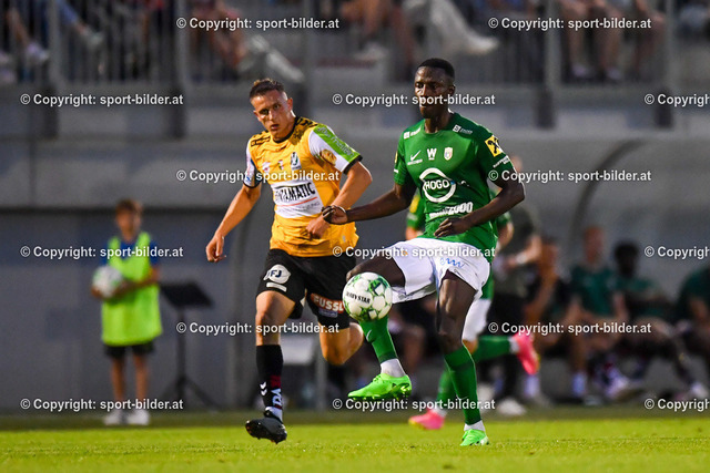 AUT, SPG WSC Hertha / FC Wels vs SV Ried | 22.07.2023, Huber Arena Wels, AUT, OEFB Uniqa Cup, SPG WSC Hertha / FC Wels vs SV Ried, im Bild Melaine Camara (WSC Hertha) vs Fabian Wohlmuth (Ried)



// OEFB Uniqa Cup Match between SPG WSC Hertha / FC Wels vs SV Ried in Wels, Austria on 2023/07/22