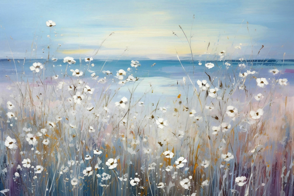 10240119 - Blumen am Meer | Eine wunderschöne Blumenlandschaft an der Küste im Stil eines Gemäldes.