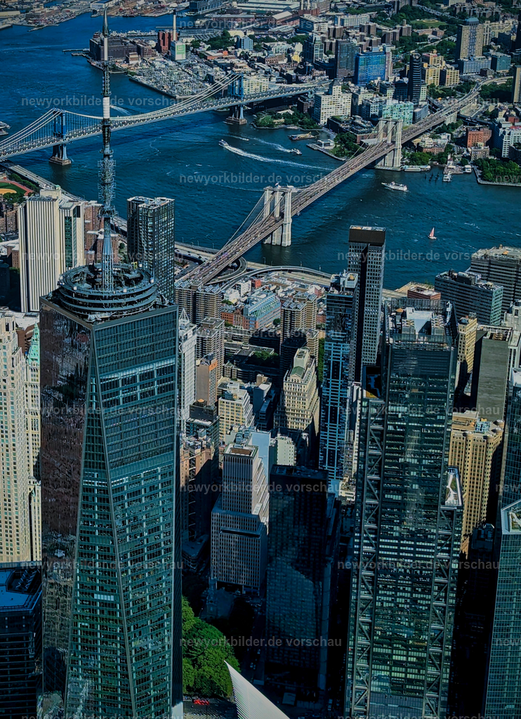 Ein atemberaubender Blick aus dem Hubschrauber: Downtown Manhattan mit dem One World Trade Center zum Greifen nah und den Brücken über den East River | Aus der Vogelperspektive entfaltet sich die ganze Magie von New York: Downtown Manhattan liegt unter dir, das One World Trade Center ragt majestätisch in den Himmel, so nah, dass es greifbar scheint. Dahinter spannt sich die Brooklyn Bridge wie ein historisches Band über den East River, während die Manhattan Bridge ihre elegante Silhouette daneben zeichnet. Die Szene ist ein Fest für die Sinne – die Weite des Wassers, die Kraft der Architektur und die Energie einer Stadt, die niemals stillsteht. Dieser Blick aus dem Hubschrauber erzählt von Freiheit, von der Größe einer Metropole und von Augenblicken, die man nie vergisst. Es ist ein Motiv, das die Essenz New Yorks in einem einzigen Bild einfängt: Dynamik, Geschichte und die unerschütterliche Schönheit der Skyline. Für Liebhaber von urbaner Fotografie und spektakulären Perspektiven ist dieses Bild ein echtes Statement – ein Moment, der den Traum von New York lebendig macht.