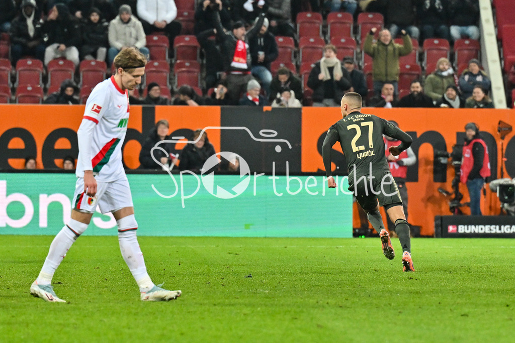 FC Augsburg - 1. FC Union Berlin | AUGSBURG, GERMANY - 15. JANUARY: Jubel der Gäste nach dem Treffer zum 1-1 durch Marin LJUBICIC (Union Berlin 27) / Tor / Torschuetze / Freude / Happy während dem Bundesligamatch zwischen dem FC Augsburg und dem 1. FC Union Berlin am 17. Spieltag in der WWK-Arena / DFL REGULATIONS PROHIBIT ANY USE OF PHOTOGRAPHS AS IMAGE SEQUENCES AND/OR QUASI-VIDEO